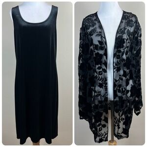 Midnight Velvet Dress Topper Set Womens Large Black Sheath Sheer Floral Stretch